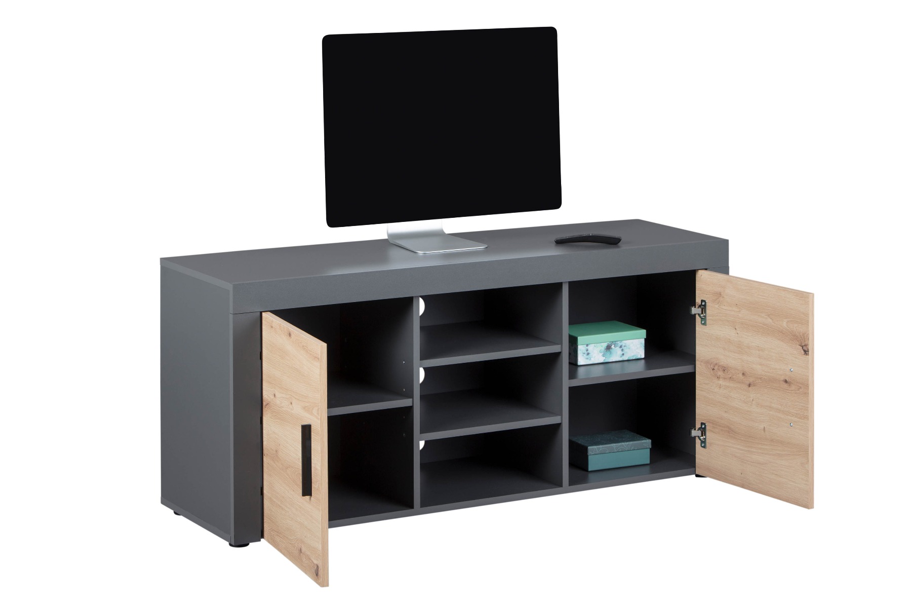 Porta TV con 2 ante e 3 ripiani, colore  quercia con scocca grigio antracite