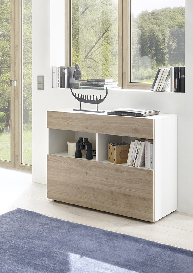 Madia moderna, 1 anta ribalta 1 cassetto, finitura Bianco laccato lucido e Rovere cadiz