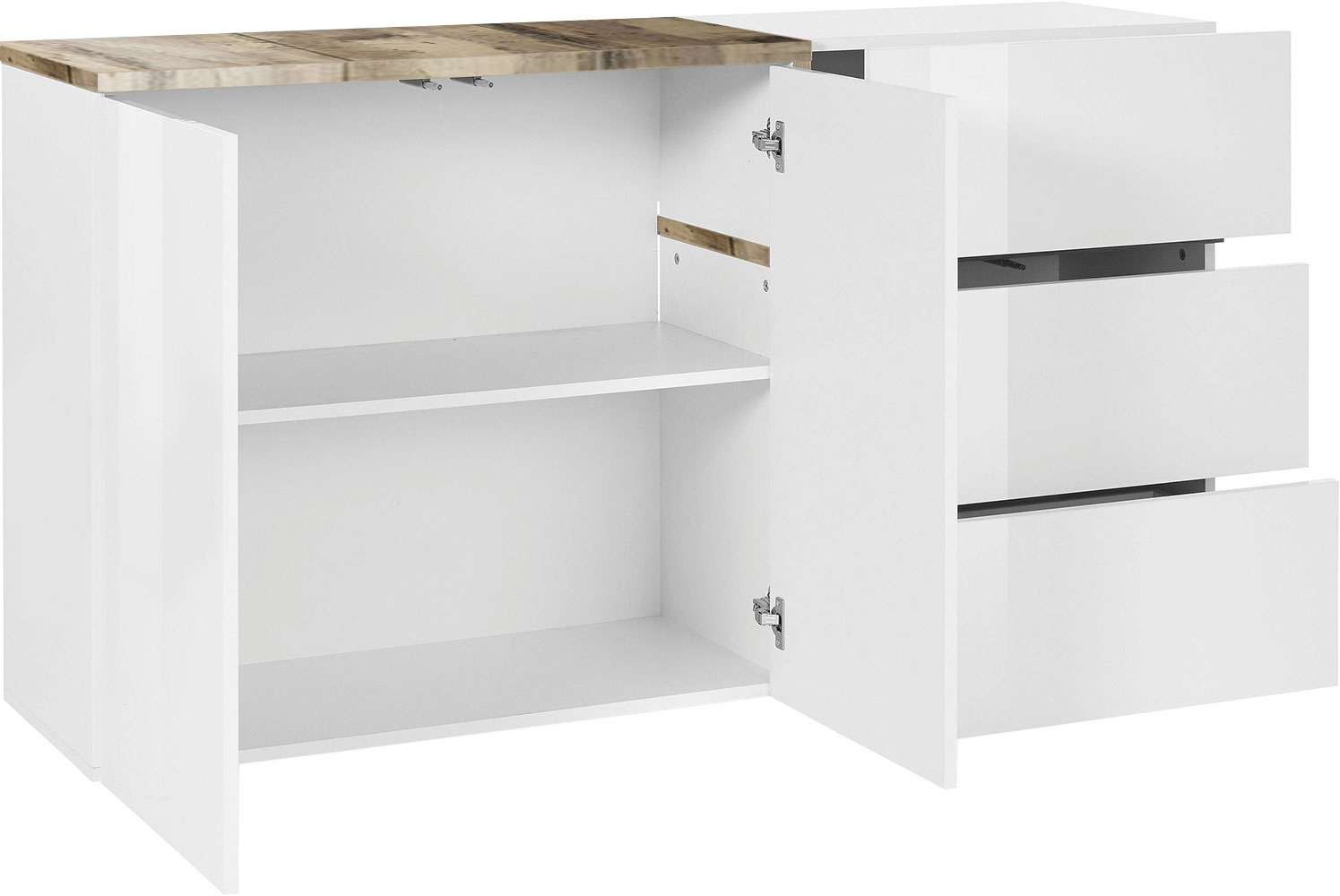 Madia moderna con 2 ante e 3 cassetti in finitura Bianco lucido e Pero