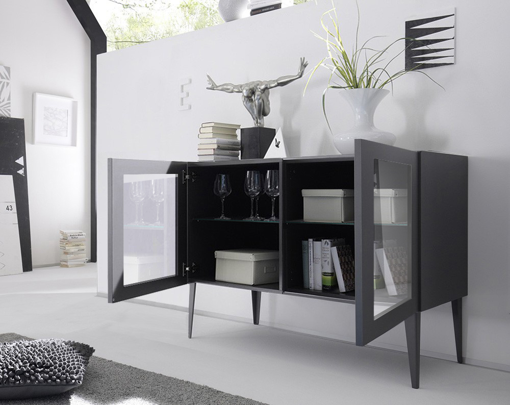 Vetrina Moderna, Madia di Design, 2 ante, Grigio Opaco con piedini