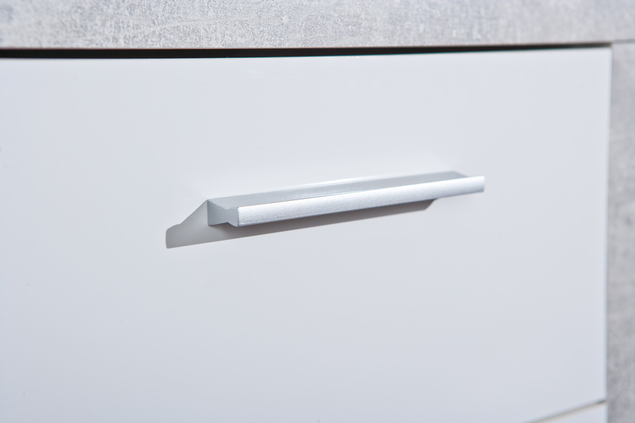 Settimino Moderno di Design, colore cemento e bianco lucido, composto da 5 cassetti