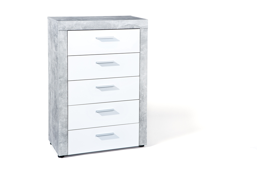 Settimino Moderno di Design, colore cemento e bianco lucido, composto da 5 cassetti