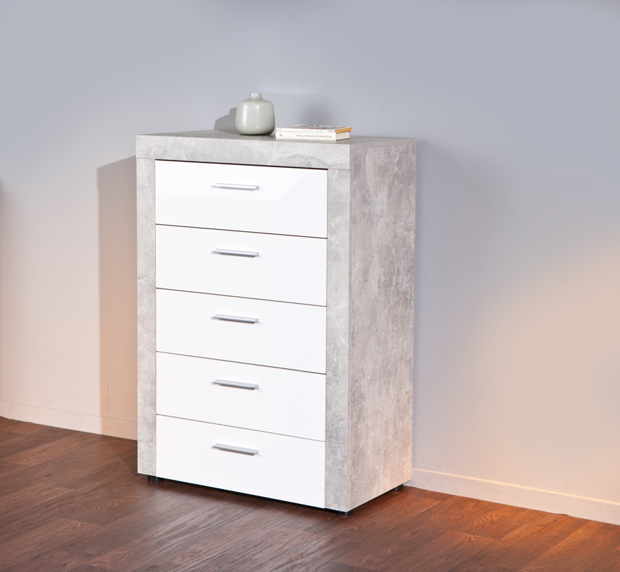 Settimino Moderno di Design, colore cemento e bianco lucido, composto da 5 cassetti