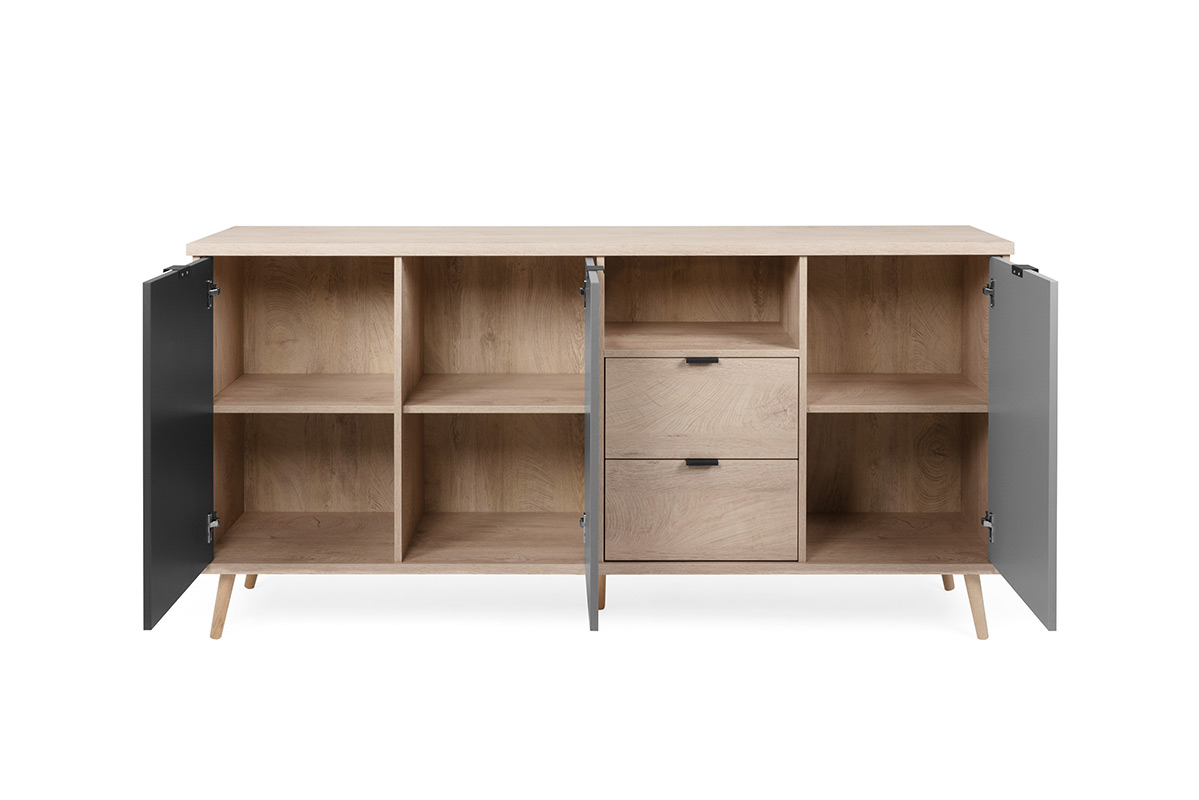 Madia nordica Rosvik con 3 ante e 2 cassetti in finitura Grigio Seta, Grigio Perla e Antracite