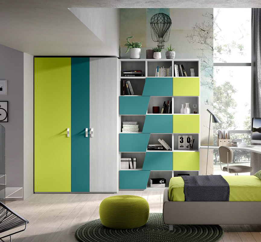 Libreria per camerette con 3 ante battenti in finitura Olmo bianco, Verde acido LACCATO e Petrolio LACCATO