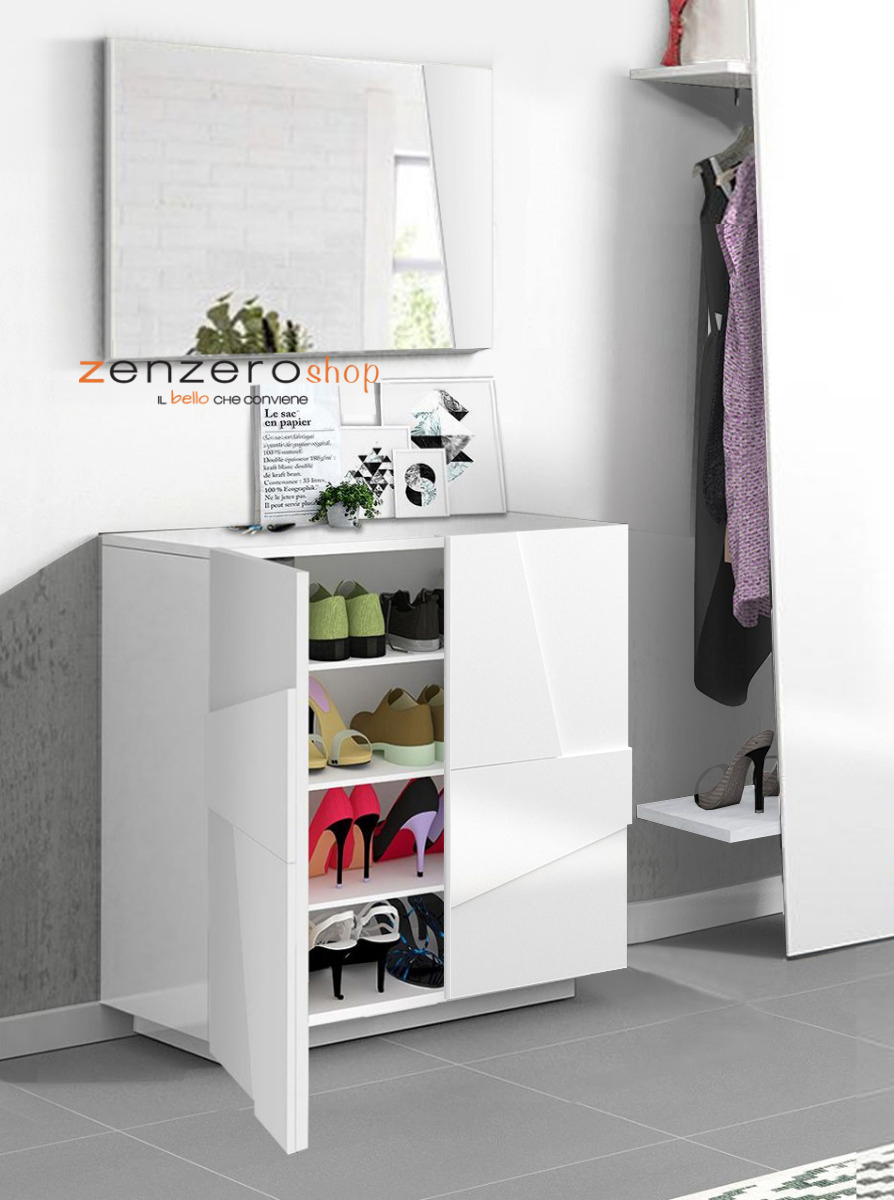 Scarpiera a 2 ante con disegni geometrici in finitura Bianco lucido