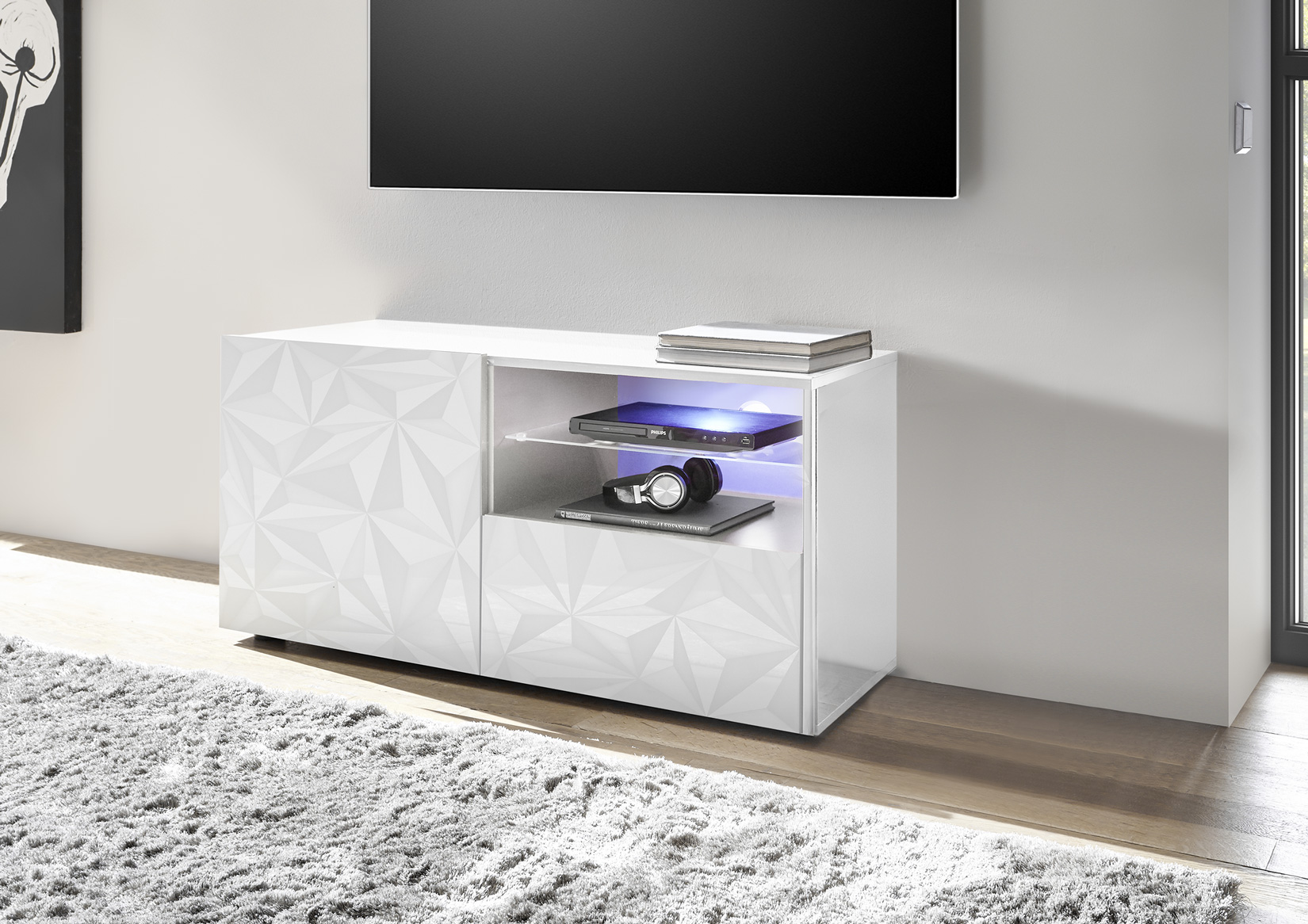 Base porta TV, 1 ante 1 cassetto, bianco laccato lucido con serigrafia prismatica