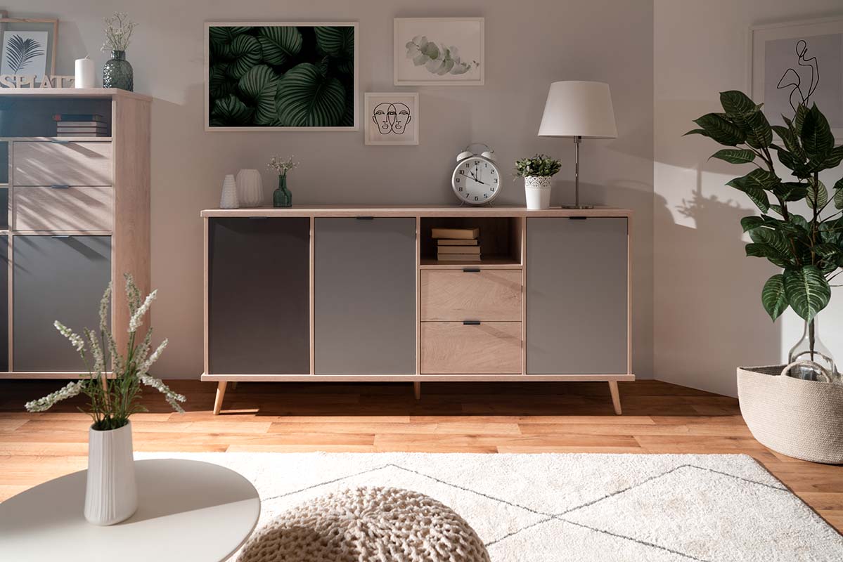 Soggiorno completo Rosvik in finitura Grigio Seta, Grigio Perla e Antracite