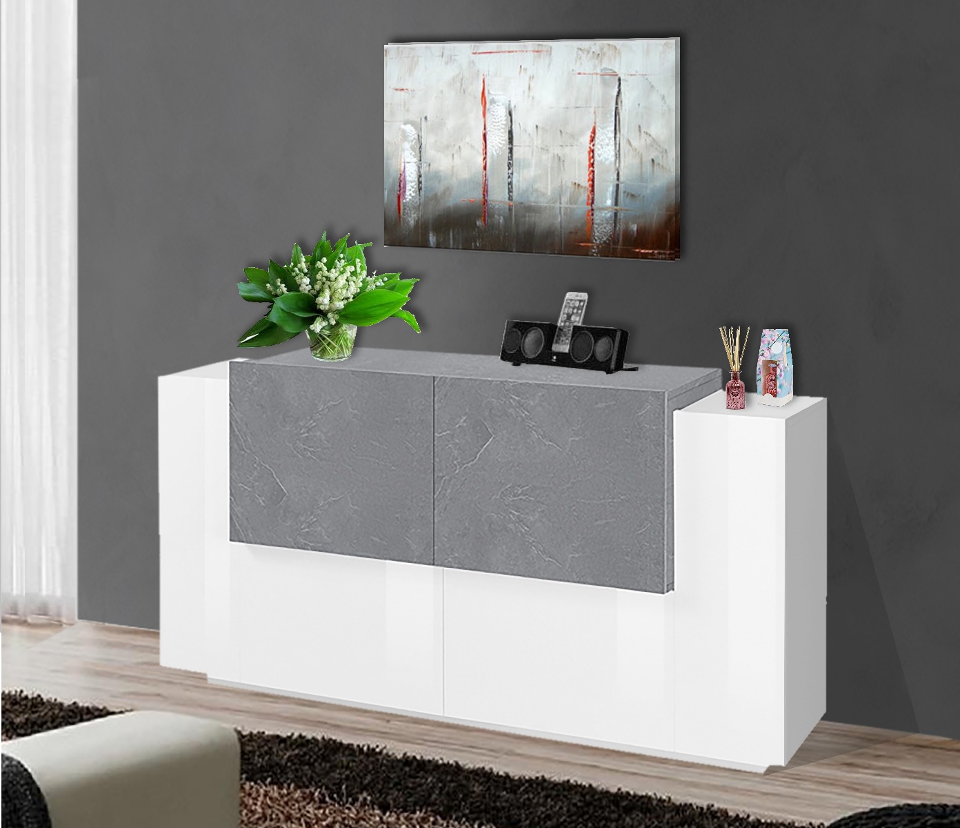 Credenza moderna Bianca lucido e Ardesia, 4 ante 