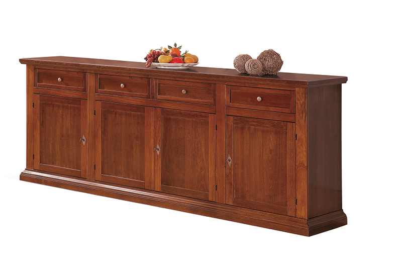 Credenza in legno finitura noce arte povera, con 4 porte e 4 cassetti 222x91