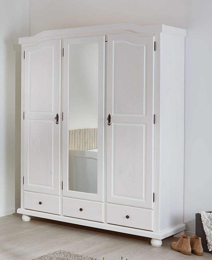 Armadio 2 ante, 4 ripiani + specchio, pino massello verniciato bianco