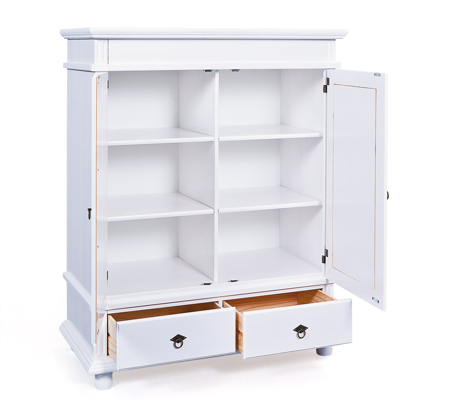 Armadietto due ante + due cassetti H.140 / pino massello verniciato ad acqua bianco