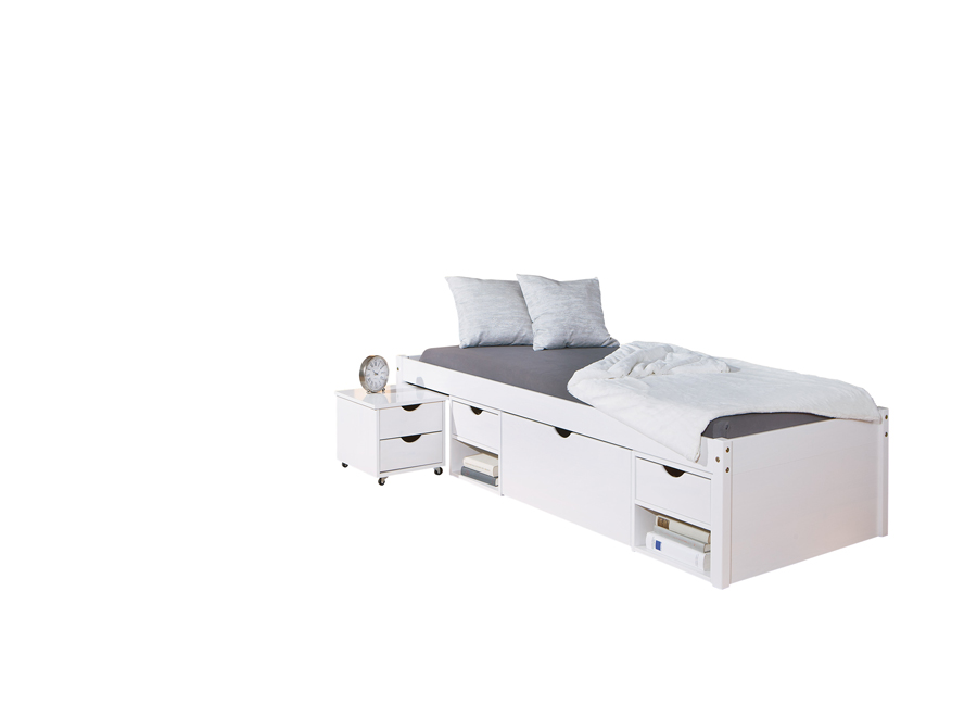 Ampio letto contenitore moderno e comodino con ruote in pino massello 