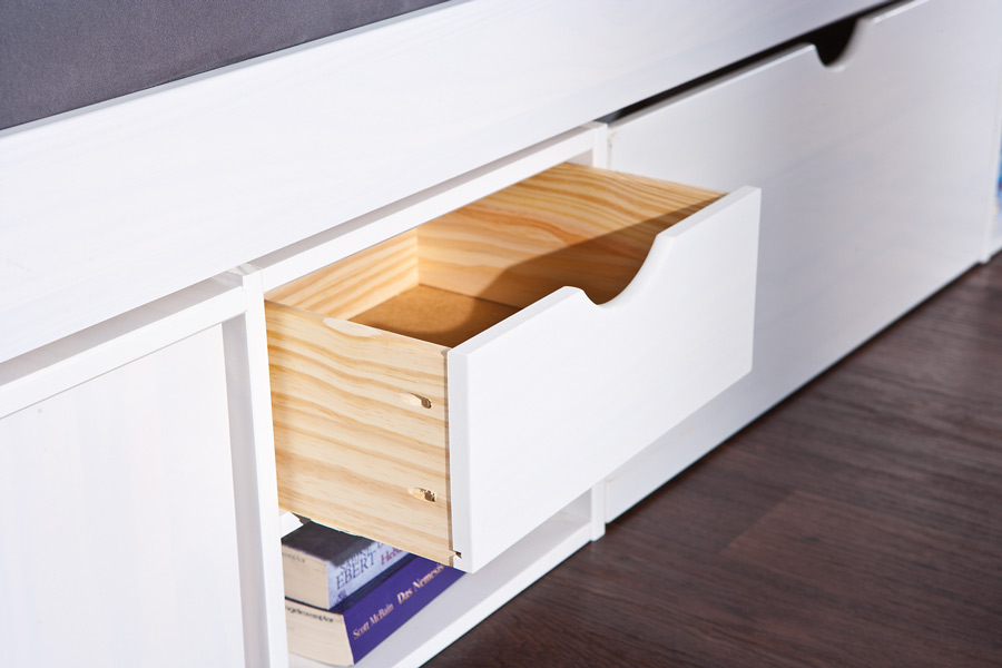 Ampio letto contenitore moderno e comodino con ruote in pino massello 