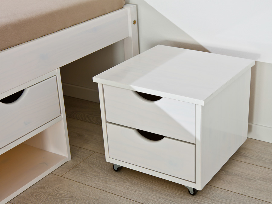 Pratico Letto in pino, 180 x 200, verniciato bianco, con vani contenitore e comodino incluso