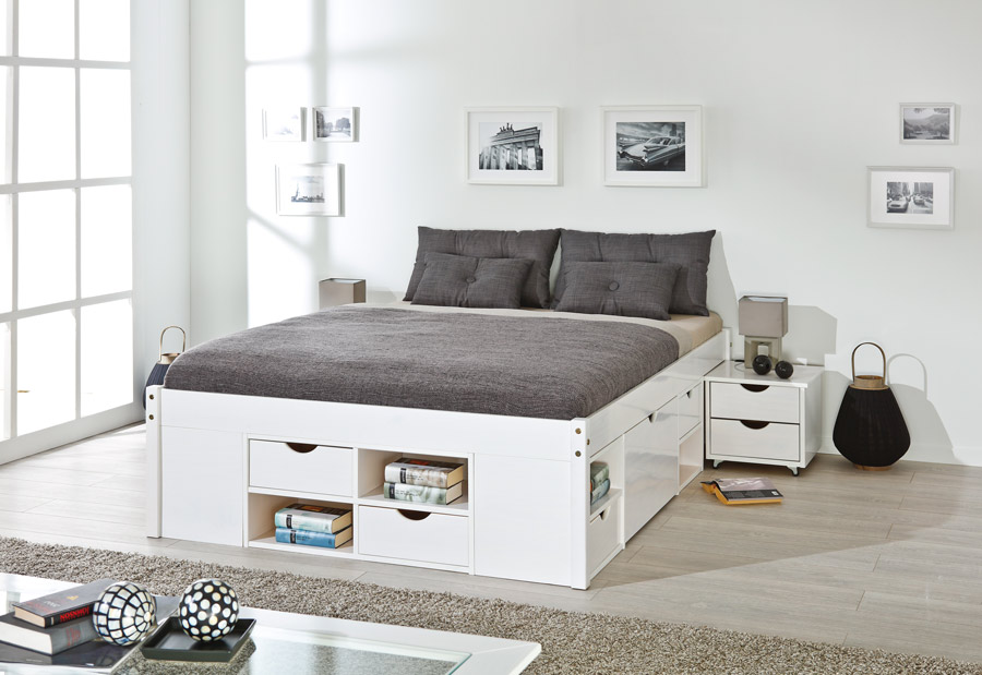 Letto in pino massello colore bianco con vani contenitore e comodino con ruote incluso