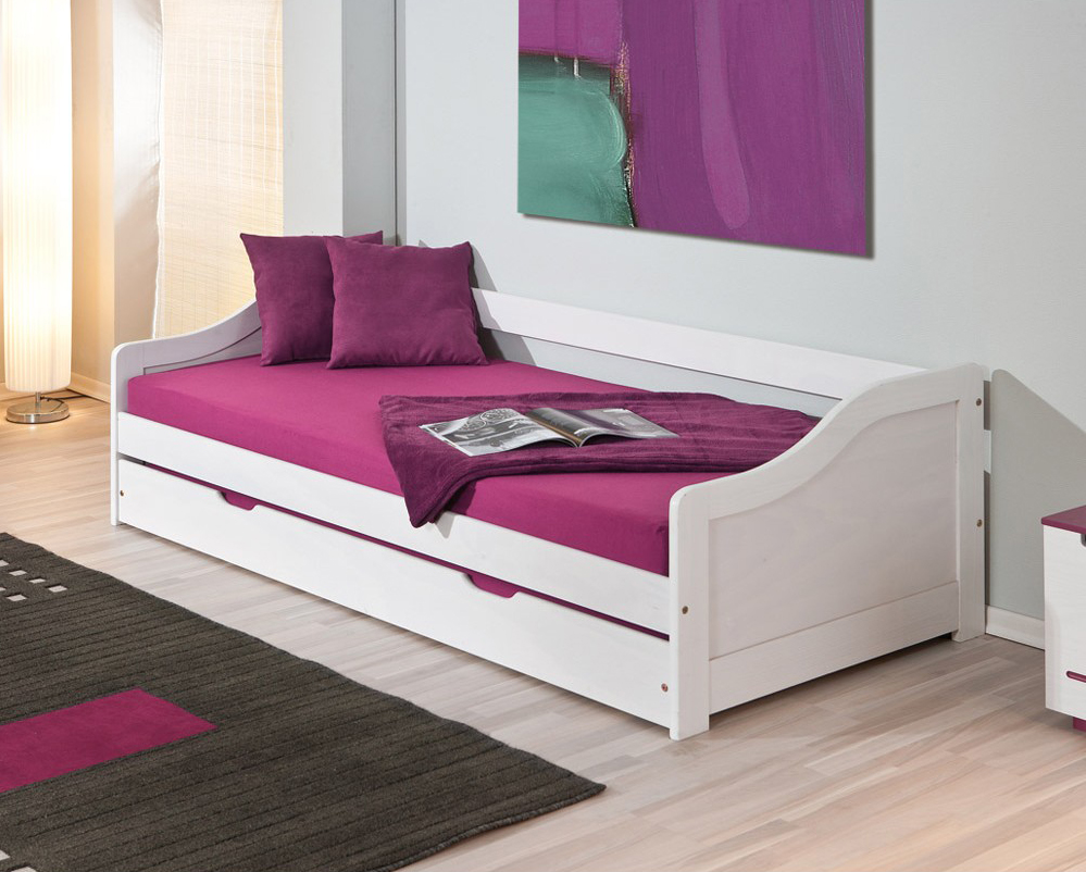 Divano letto con secondo letto ad estrazione, doghe incluse, colore bianco