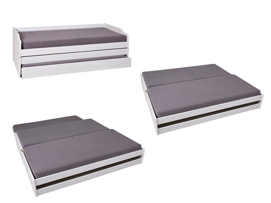 Pratico letto in pino massello con 3 letti in uno, disponibile bianco o legno naturale