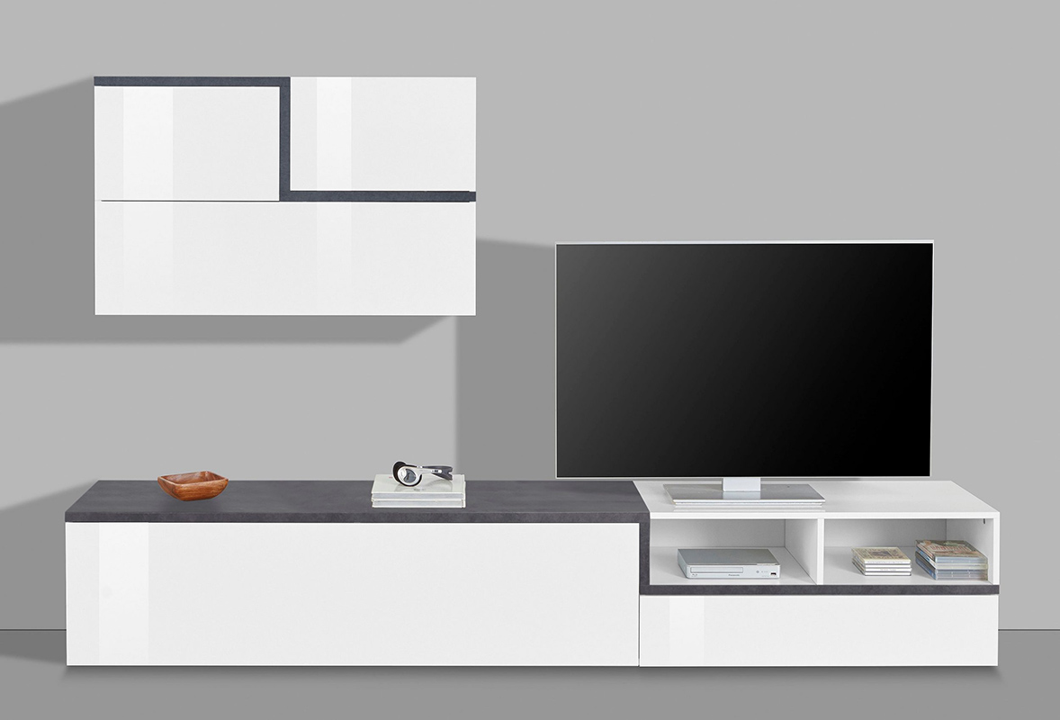 Mobile porta tv, parete attrezzata in finitura Bianco lucido e Ardesia