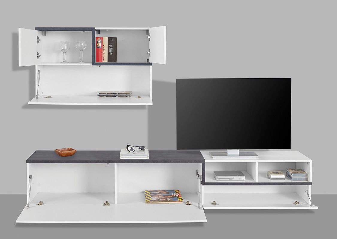 Mobile porta tv, parete attrezzata in finitura Bianco lucido e Ardesia