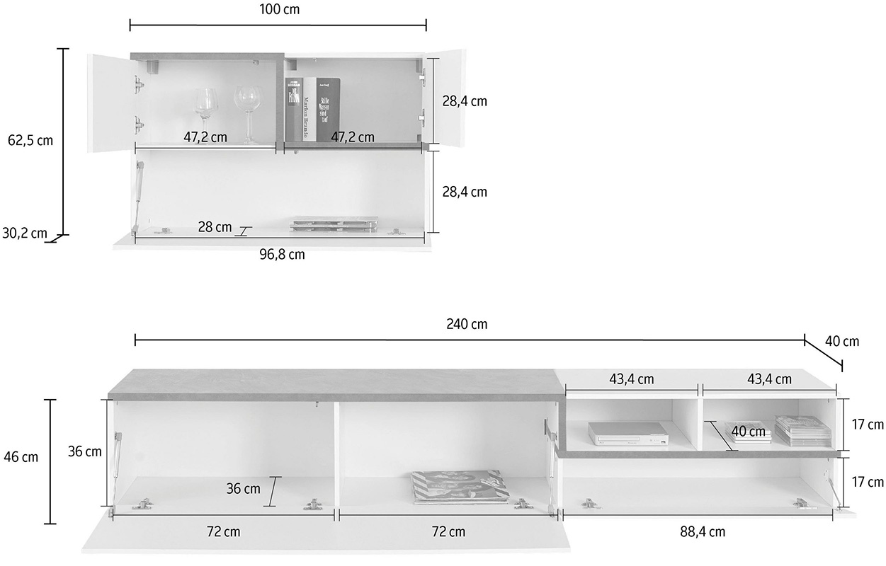 Mobile porta tv, parete attrezzata in finitura Bianco lucido e Ardesia