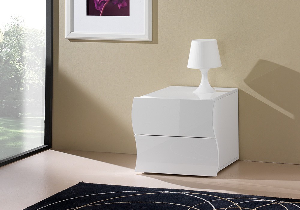 Comodino di design a 2 cassetti sagomati, bianco lucido, linea onda