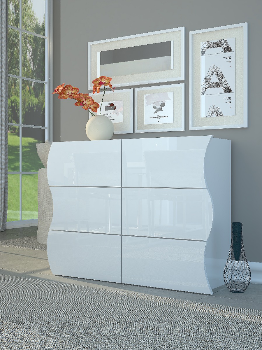 Madia/ Comò 6 cassetti sagomati in finitura bianco laccato lucido, linea onda