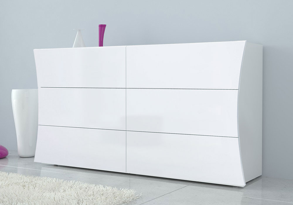 Moderno Comò 6 cassetti grande in finitura bianco laccato lucido, linea arco