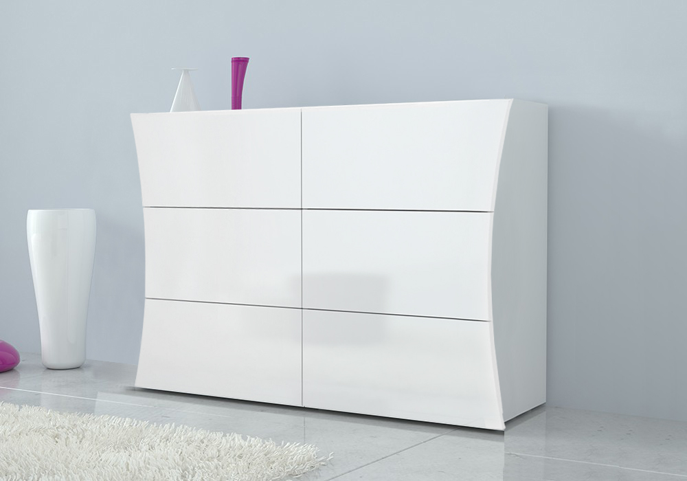 Comò 6 cassetti piccolo in finitura bianco laccato lucido, linea arco
