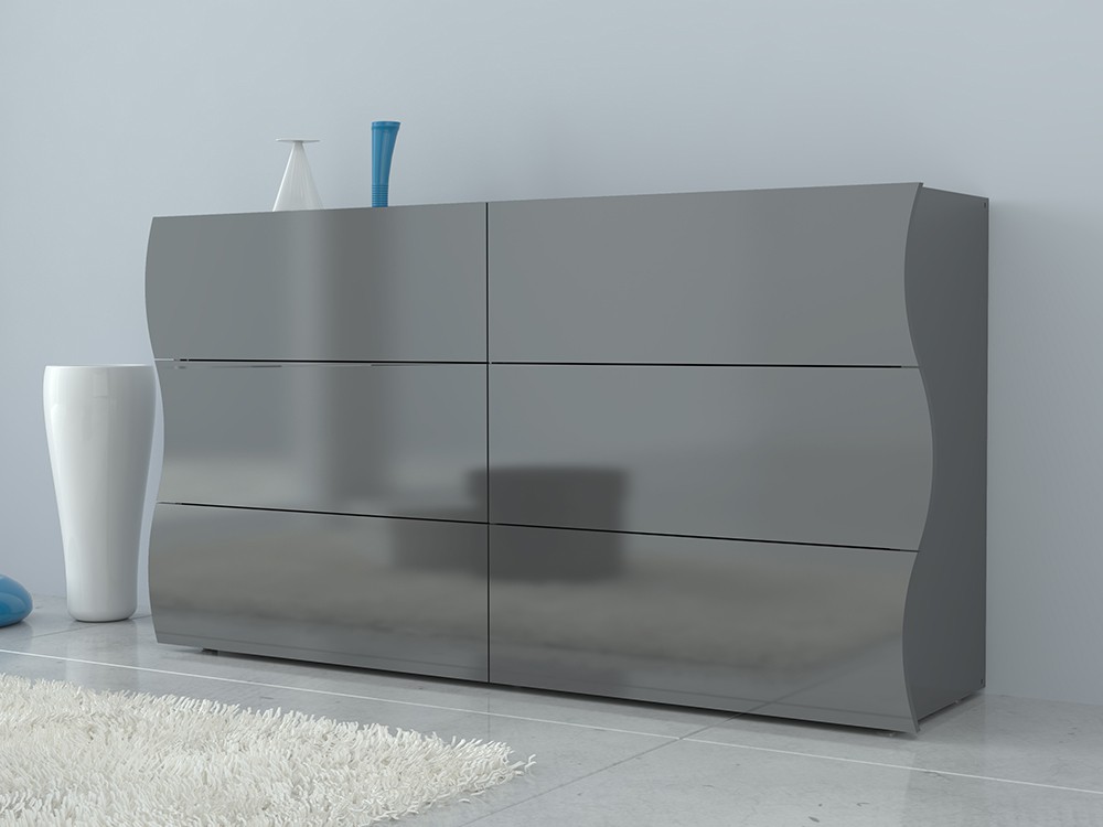 Comò 6 cassetti sagomati in finitura antracite laccato lucido, linea onda