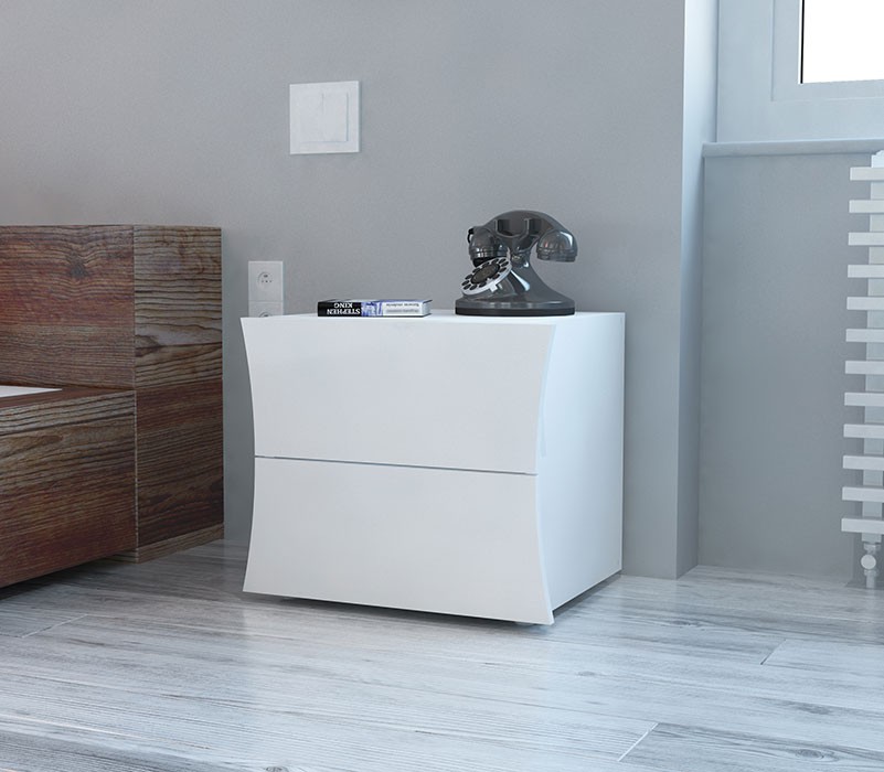 Comodino di design a 2 cassetti sagomati, bianco lucido, linea arco