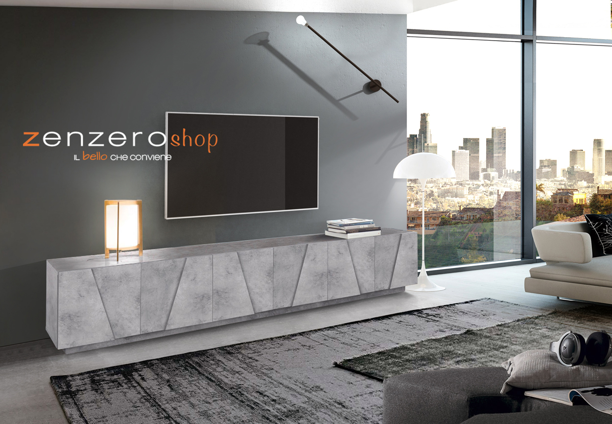 Porta tv 6 ante con disegni geometrici in finitura Beton