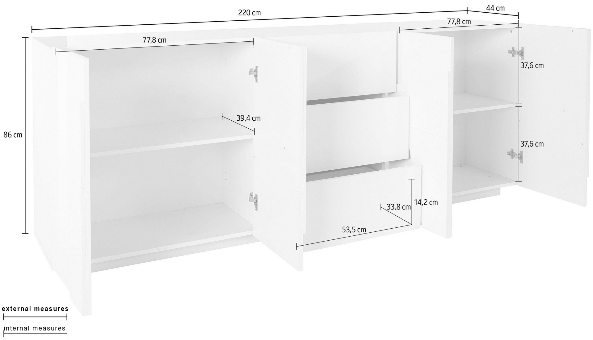 Madia moderna con particolari a 4 ante e 3 cassetti in finitura bianco lucido