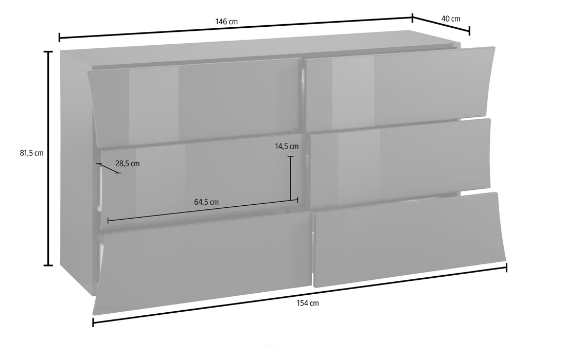 Moderno Comò 6 cassetti grande in finitura bianco laccato lucido, linea arco