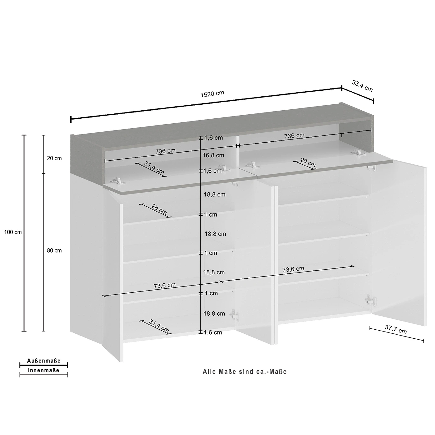 Scarpiera con 4 ante e 2 ribalte, Bianco laccato lucido e Bianco larice