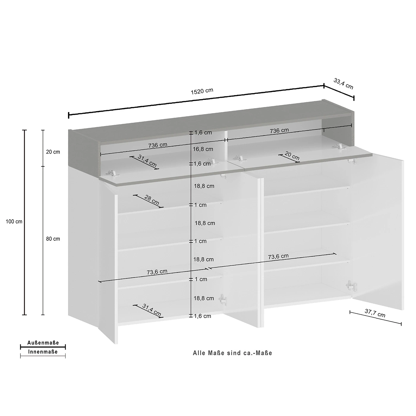 Scarpiera con 4 ante e 2 ribalte, Bianco laccato lucido e Rovere wotan