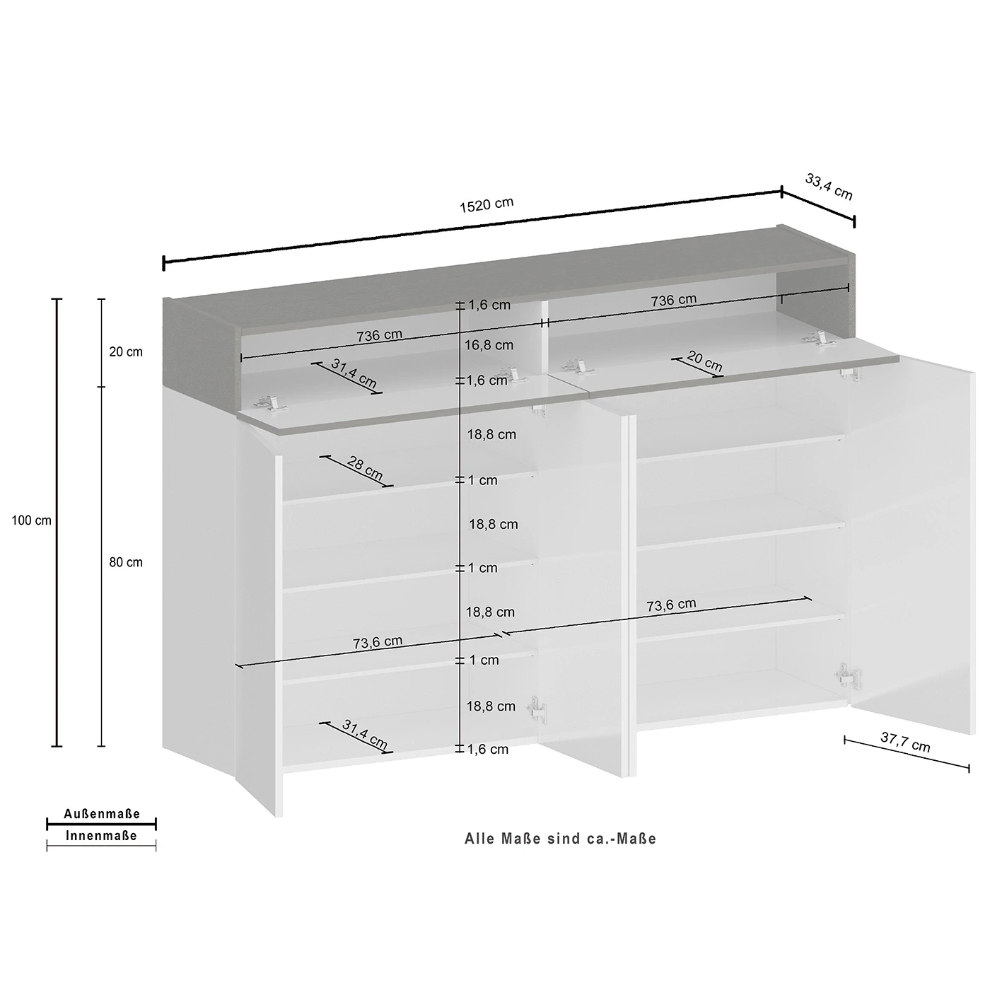 Scarpiera con 4 ante e 2 ribalte, Bianco laccato lucido e Ardesia