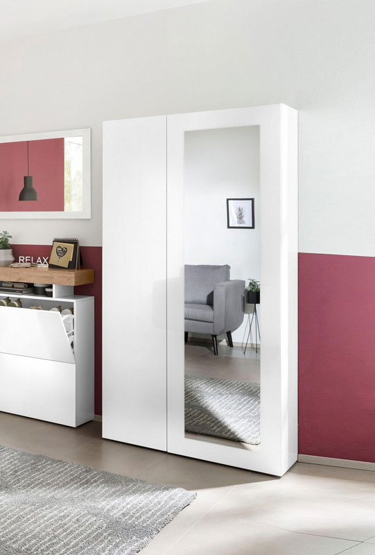 Armadio 2 ante con specchio, finitura bianco laccato lucido