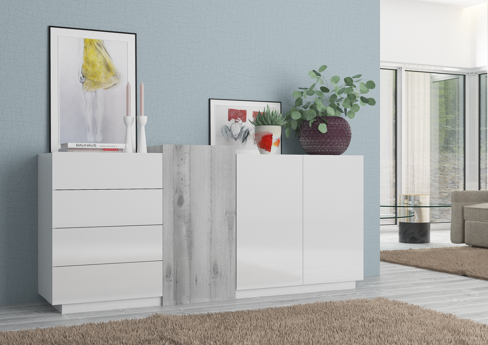 Conveniente Madia 2 ante e 4 cassetti, finitura Bianco lucido e Cemento