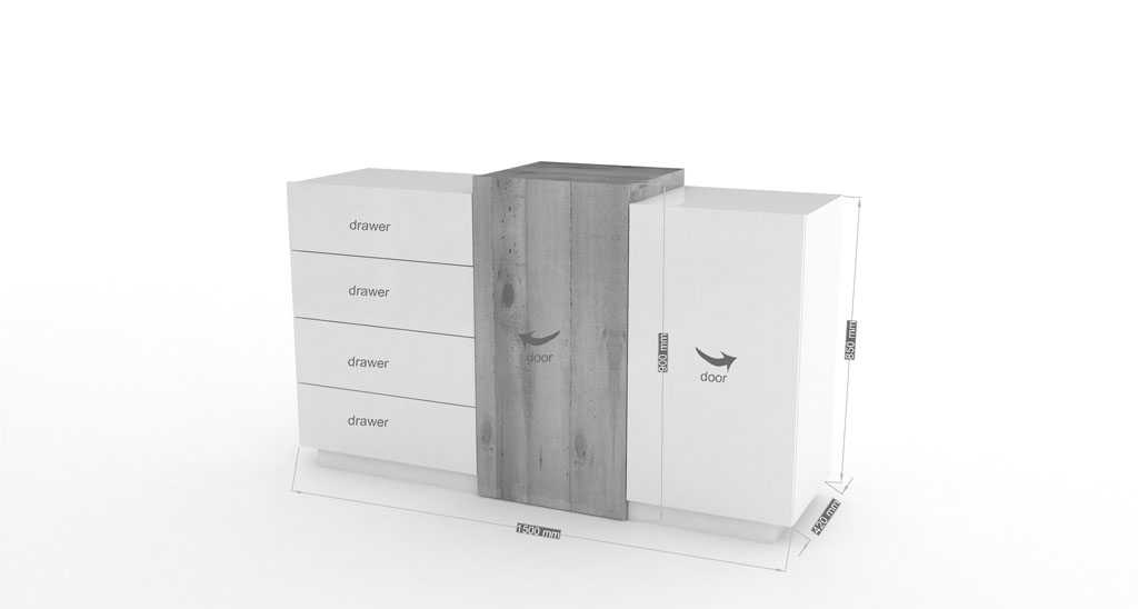 Conveniente Madia 2 ante e 4 cassetti, finitura Bianco lucido e Cemento