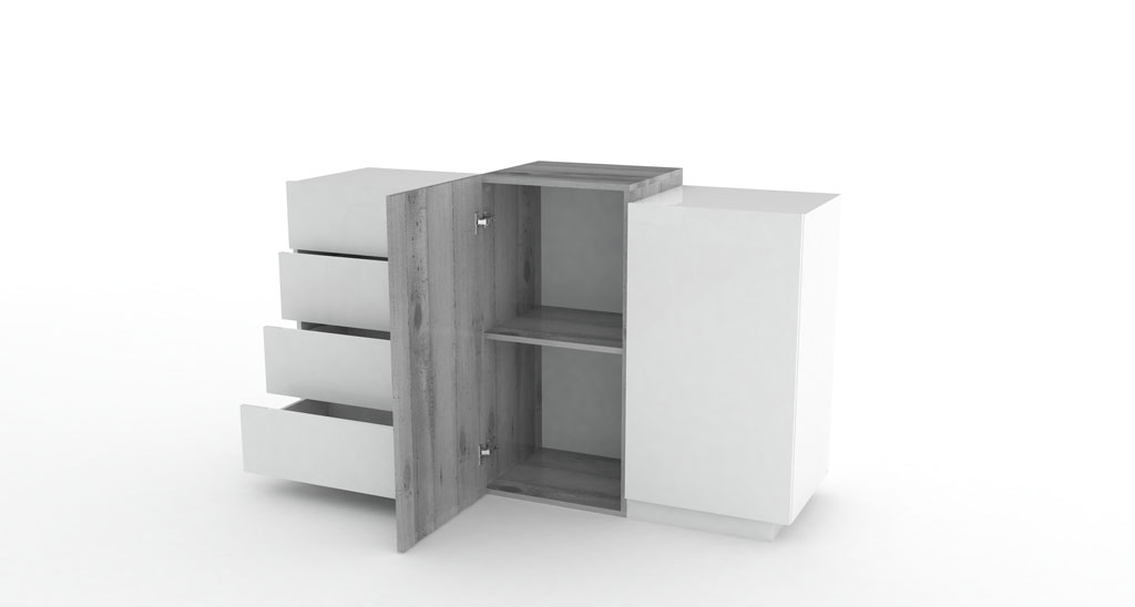 Conveniente Madia 2 ante e 4 cassetti, finitura Bianco lucido e Cemento