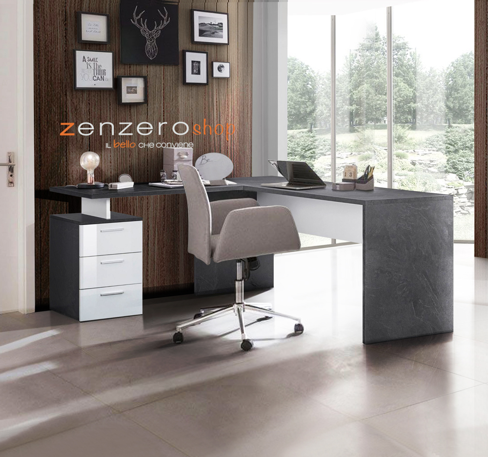 Scrivania moderna ad angolo con cassettiera in finitura Antracite e Bianco lucido 