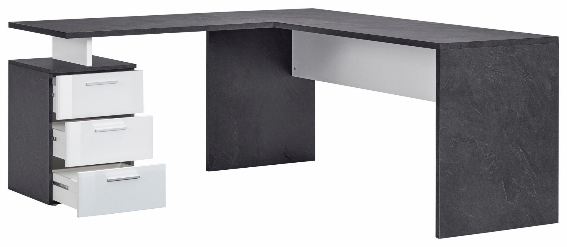 Capiente Scrivania moderna ad angolo con cassettiera in finitura Antracite e Bianco lucido 