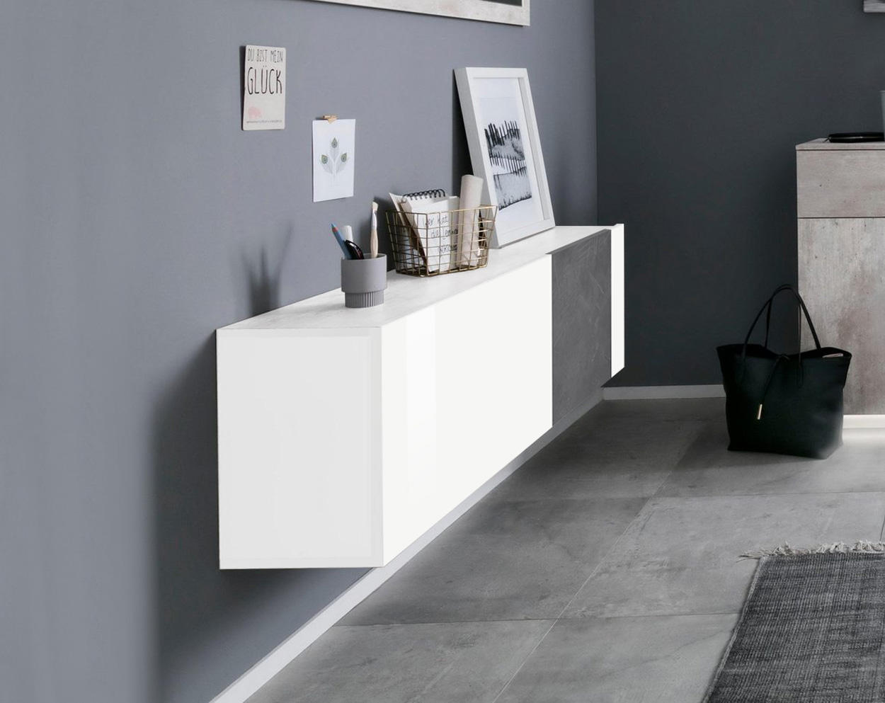 Scarpiera singola, design orizzontale e moderno, finitura Bianco Lucido e Ardesia