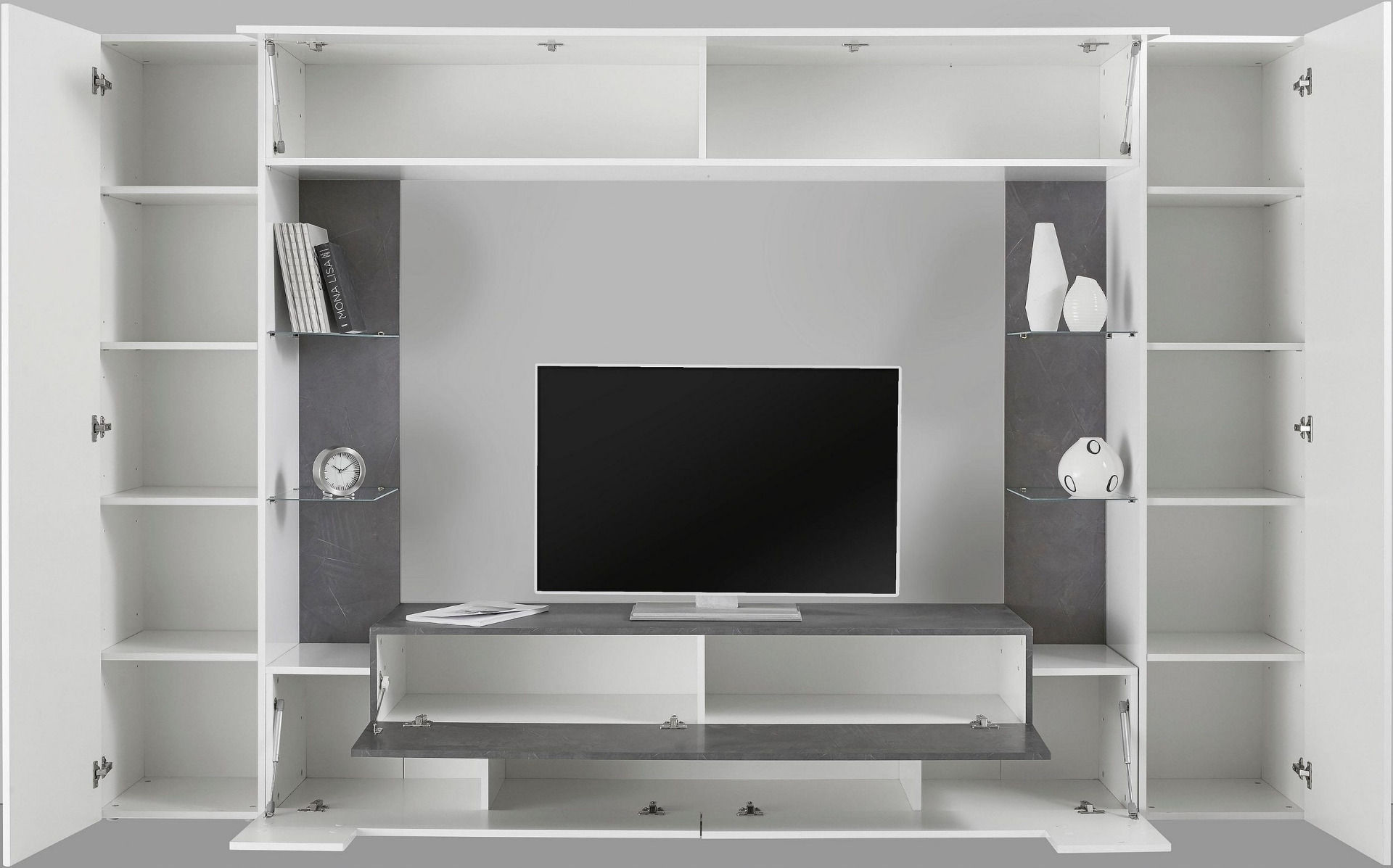 ACQUISTA ANCHE TU Parete attrezzata moderna, con pensile vasistas, mensole in vetro, finitura bianco lucido e ardesia