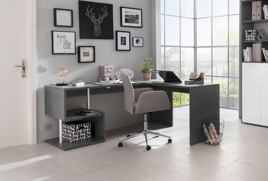 Scrivania moderna ad angolo con gamba "S", finitura ardesia