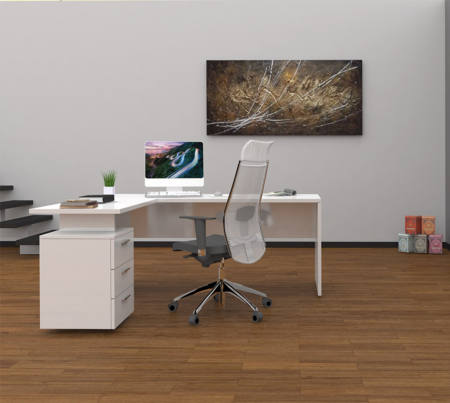 Scrivania moderna ad angolo con cassettiera in finitura Bianco lucido 