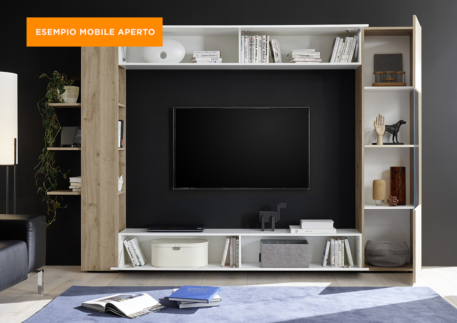 Soggiorno Zenzero, parete attrezzata con ribalta, vasistas e colonna con vetrina, finitura bianco lucido