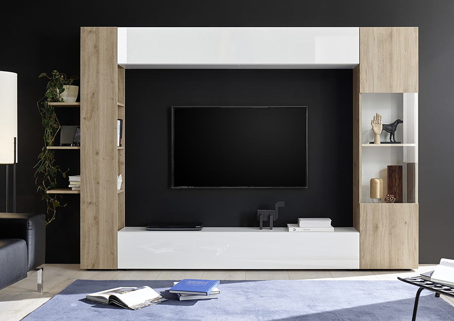 Parete soggiorno design soggiorno Zenzero  finitura bianco lucido e rovere Cadiz