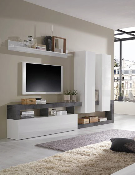 Parete attrezzata con 2 pensili verticali, una ribalta e una mensola in finitura bianco laccato lucido e ossido